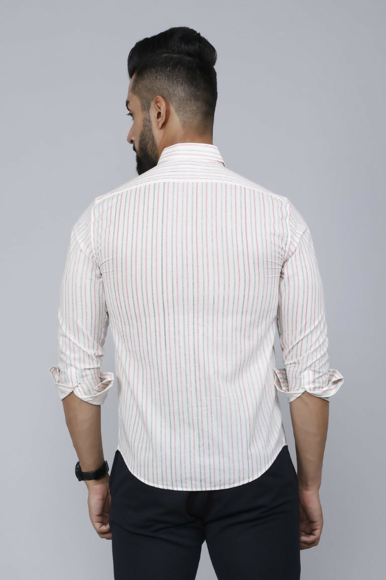 Miravan Men's White Spread Collar Striped Print Casual Shirt