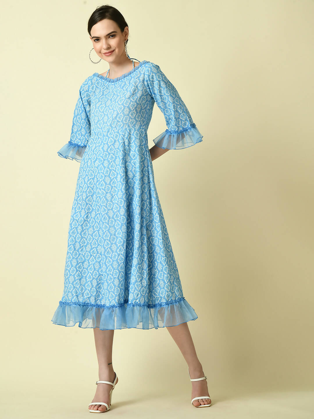 Myshka Women's Blue Empire Printed Dress - Distacart
