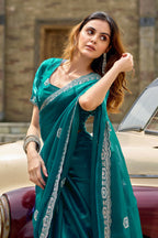 Vastranavya Rama Embroidery Work Shimmer Chiffon Saree with Unstitched Blouse - Distacart