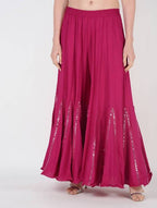 Mominos Fashion Magenta Viscose Rayon Flared Palazzo with Mirror Lace Work - Distacart