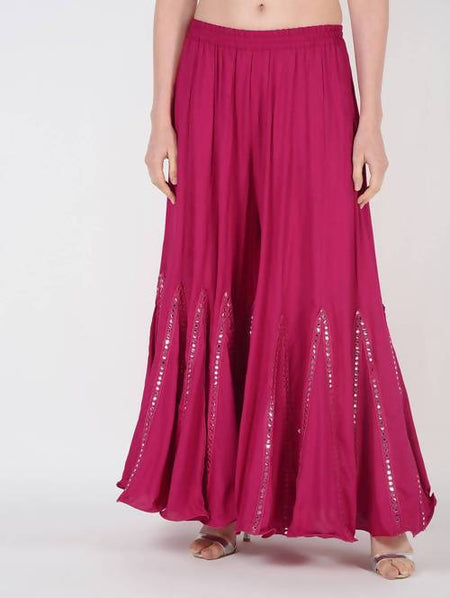 Mominos Fashion Magenta Viscose Rayon Flared Palazzo with Mirror Lace Work