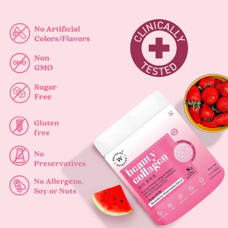 Wellbeing Nutrition Beauty Korean Marine Collagen Peptides - Strawberry & Watermelon - Distacart