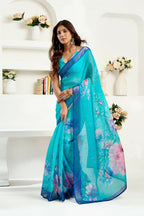 Joban Fashion Turquoise  Floral Linen Ready To Wear Saree With Unstitched Blouse - Distacart