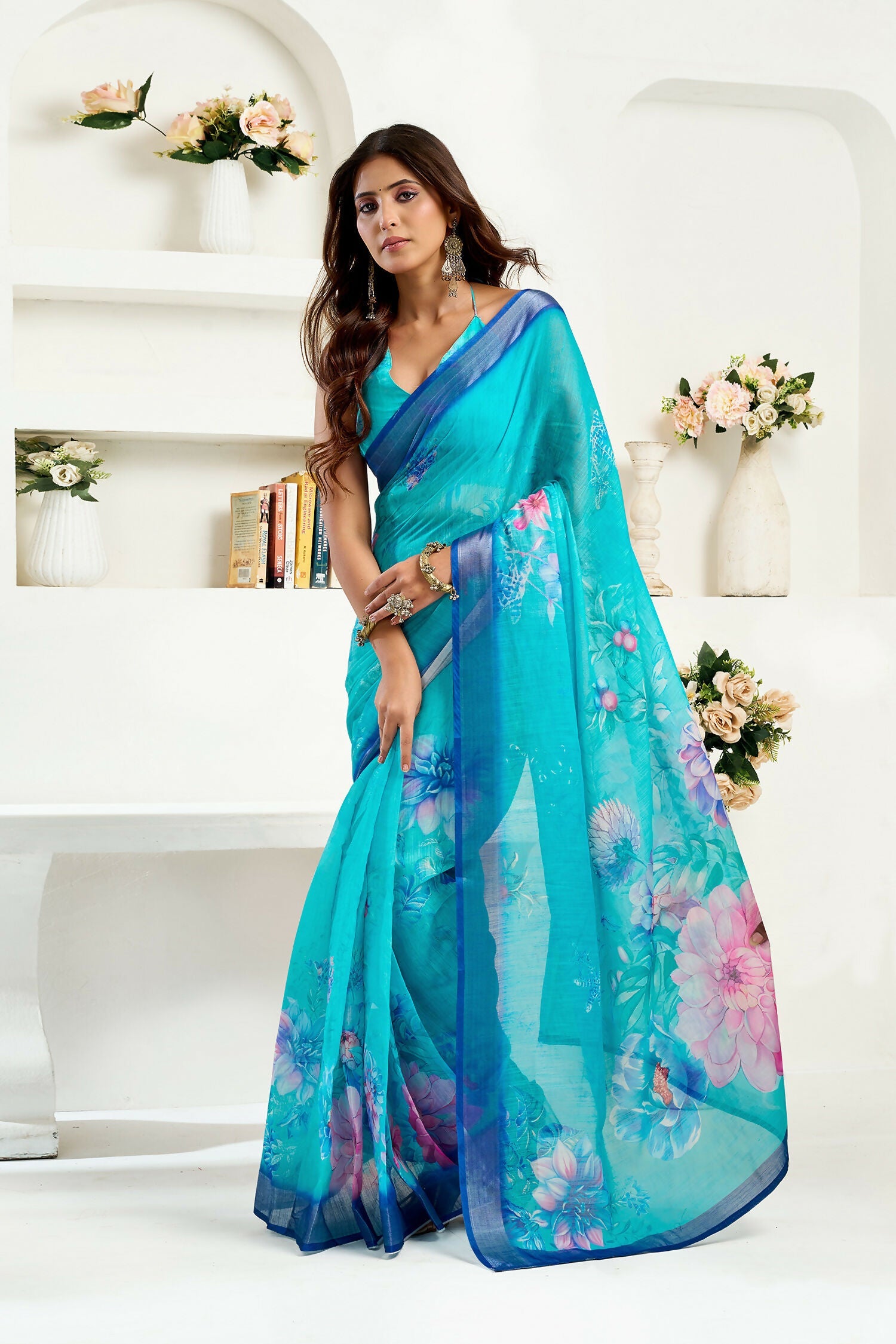 Joban Fashion Turquoise  Floral Linen Ready To Wear Saree With Unstitched Blouse - Distacart