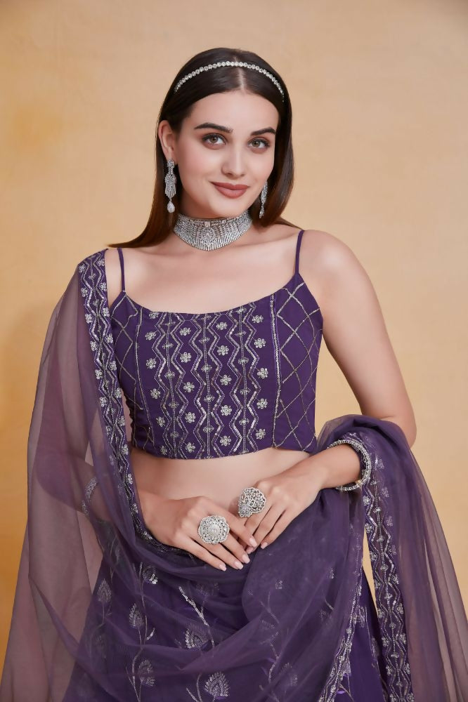 Purple Zari Sequence Embroidery Georgette Lehenga Choli - Jihu Culture