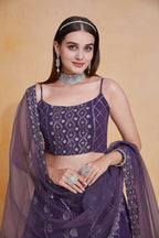 Purple Zari Sequence Embroidery Georgette Lehenga Choli - Jihu Culture