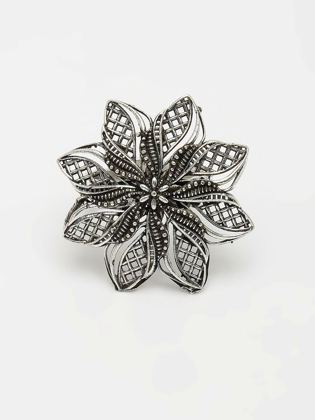 NVR Women's Silver-Toned Floral Shape Adjustable Finger Ring