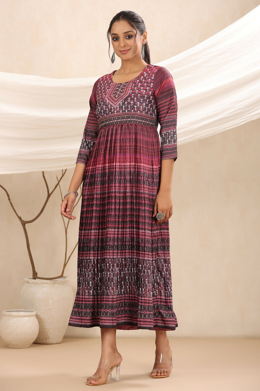 Juniper Purple muslin maxi dress with ethnic motif print with sequins & beads work - Distacart