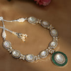 Gold and Silver Tone Neckpiece with Green Center Piece (Silver) - Ruby Raang