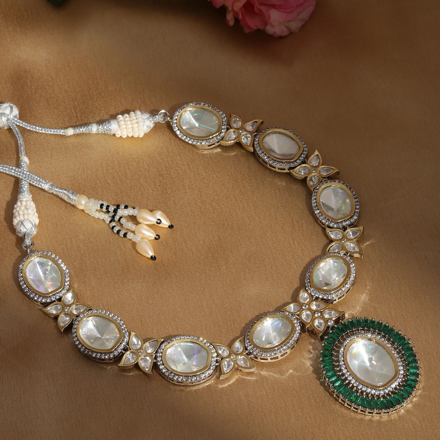 Gold and Silver Tone Neckpiece with Green Center Piece (Silver) - Ruby Raang