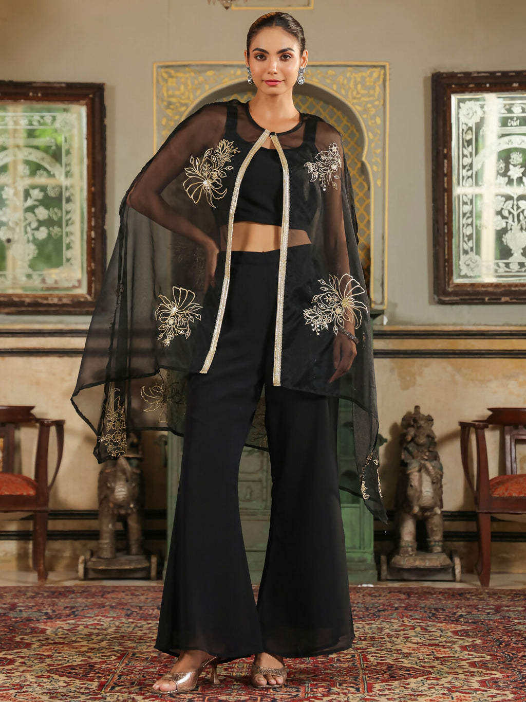 Janasya Black Georgette Solid Top Bottom Cape