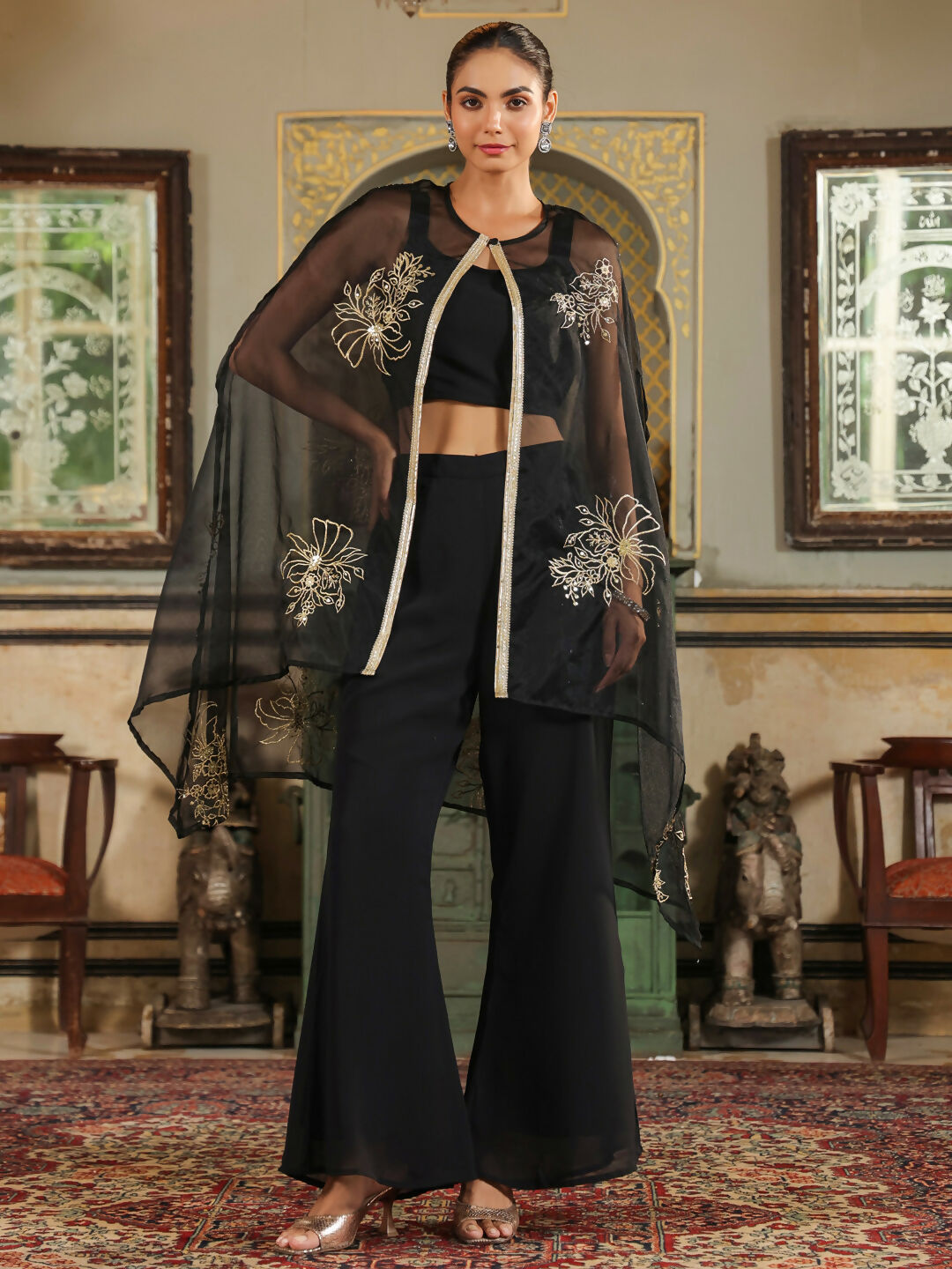 Janasya Black Georgette Solid Top Bottom Cape