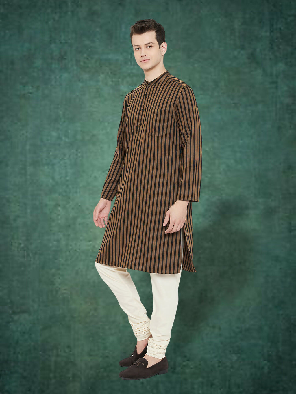 Even Apparels Men's Striped Brown and Black Kurta