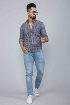 Miravan Men's Blue Floral Print Long Sleeve Casual Shirt