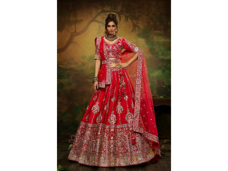 House of Panchhi Red Pure Silk Moti & Zarkan heavy embroidery Lehenga choli & Dupatta