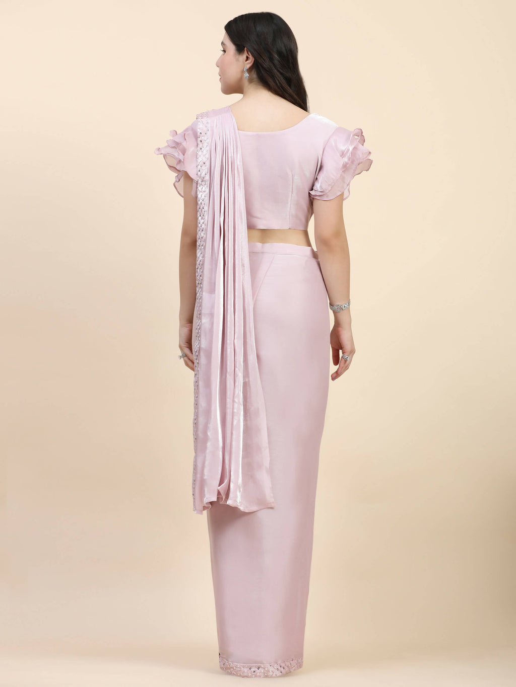 Light Pink Silk Satin Sequence Work Ready to Wear Saree with stitched Blouse - Nirvana