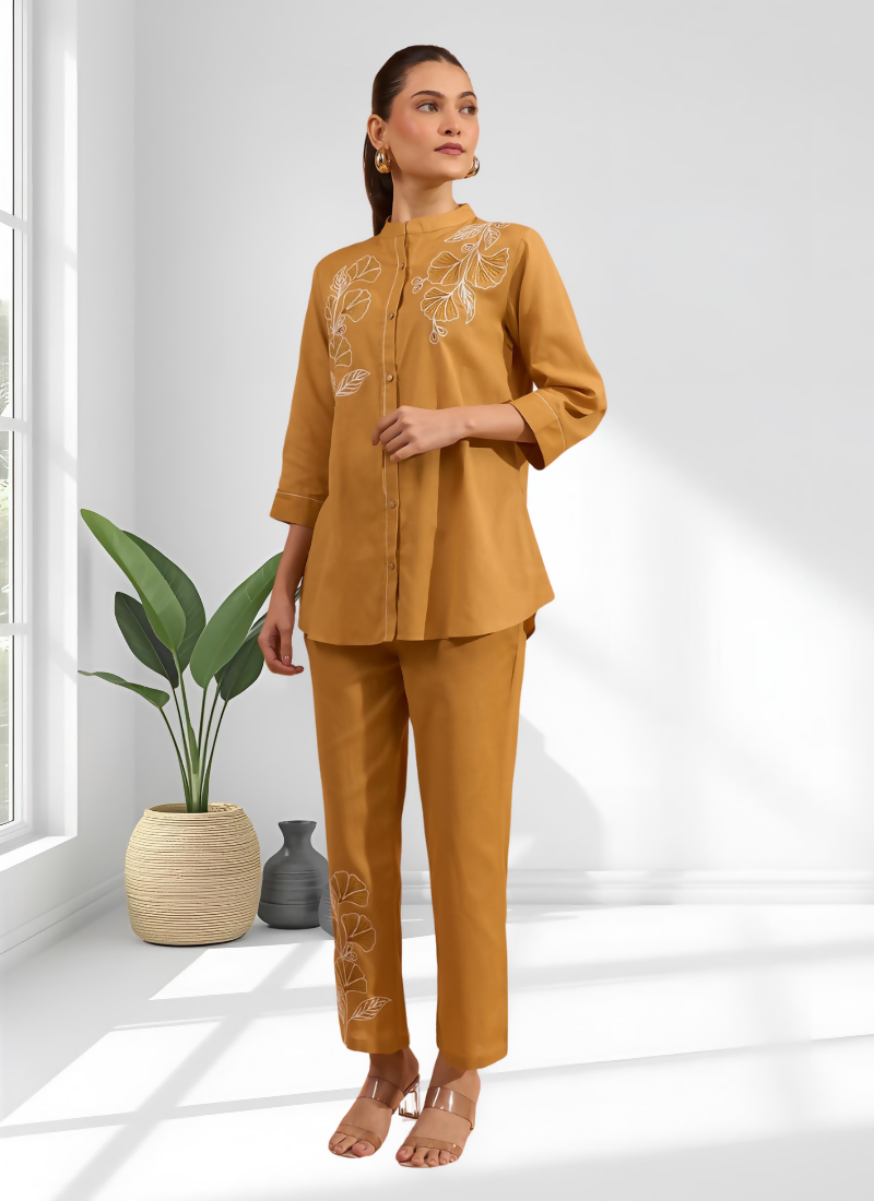 Joban Fashion Coral Cotton, Linen Embroidered Readymade Cord Set - Distacart
