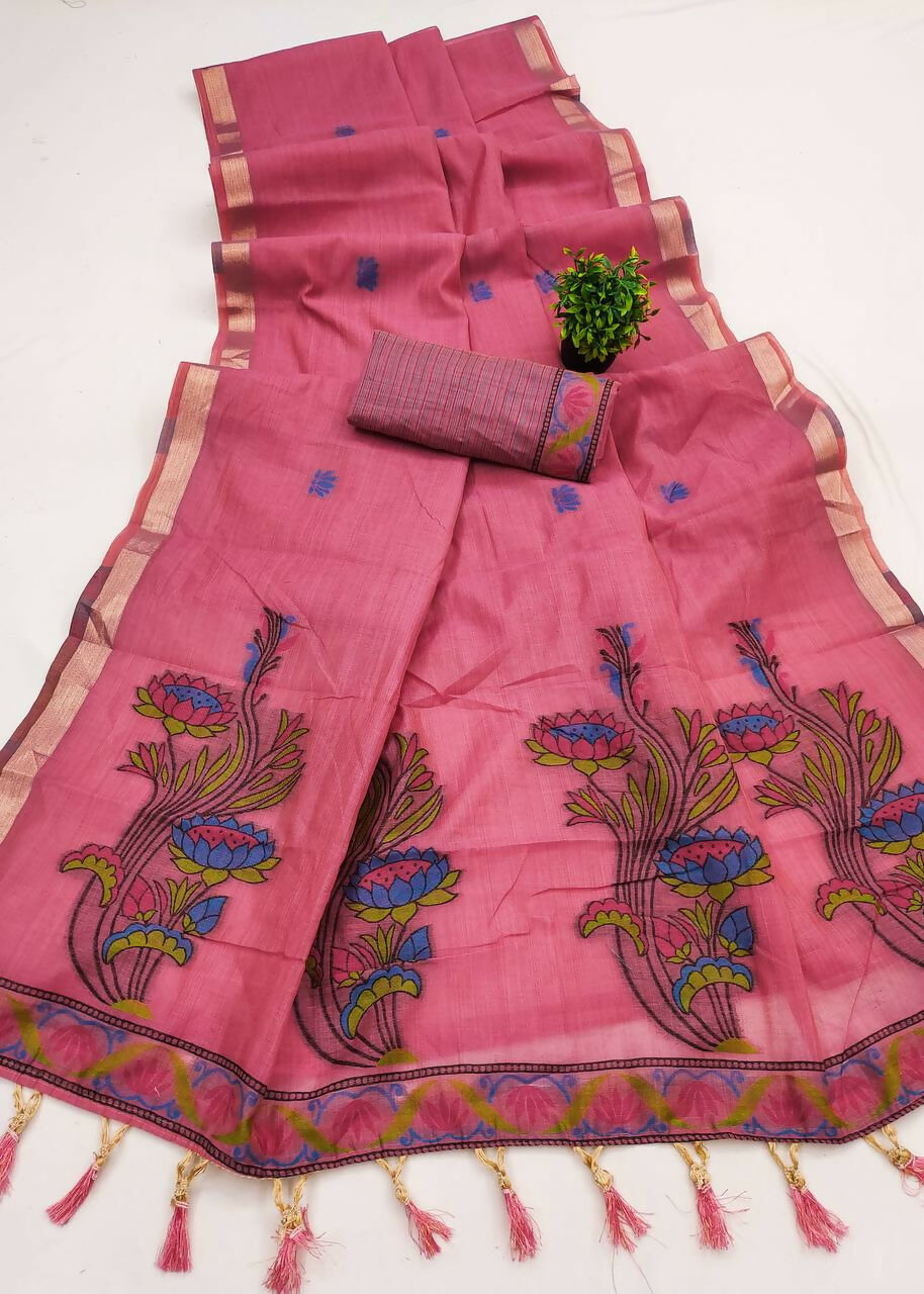 Vastranavya Pink Muga Cotton Meenakari & Azarakh Pallu Saree with Contrast Blouse - Distacart