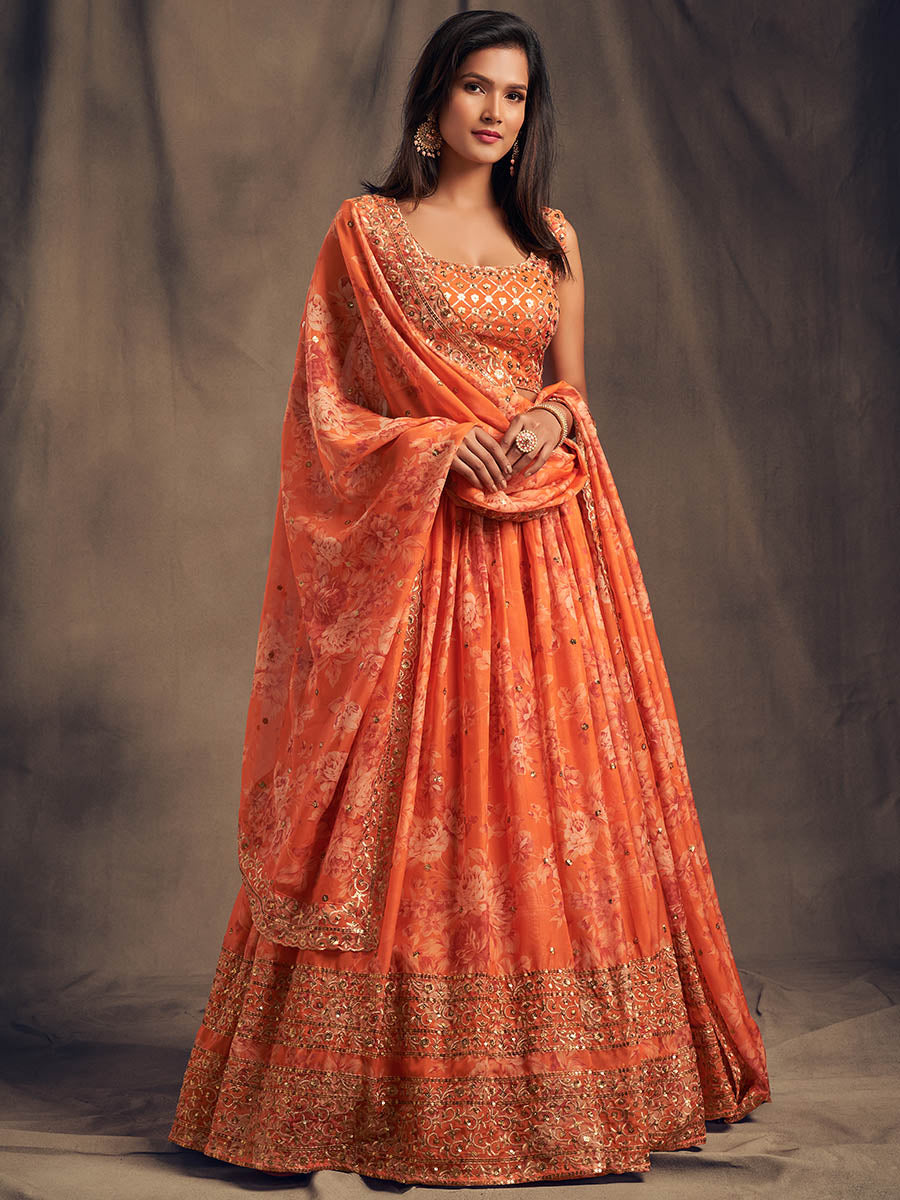 Myra Orange Organza Silk Embroidered Lehenga