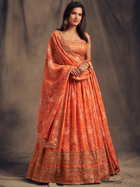 Myra Orange Organza Silk Embroidered Lehenga