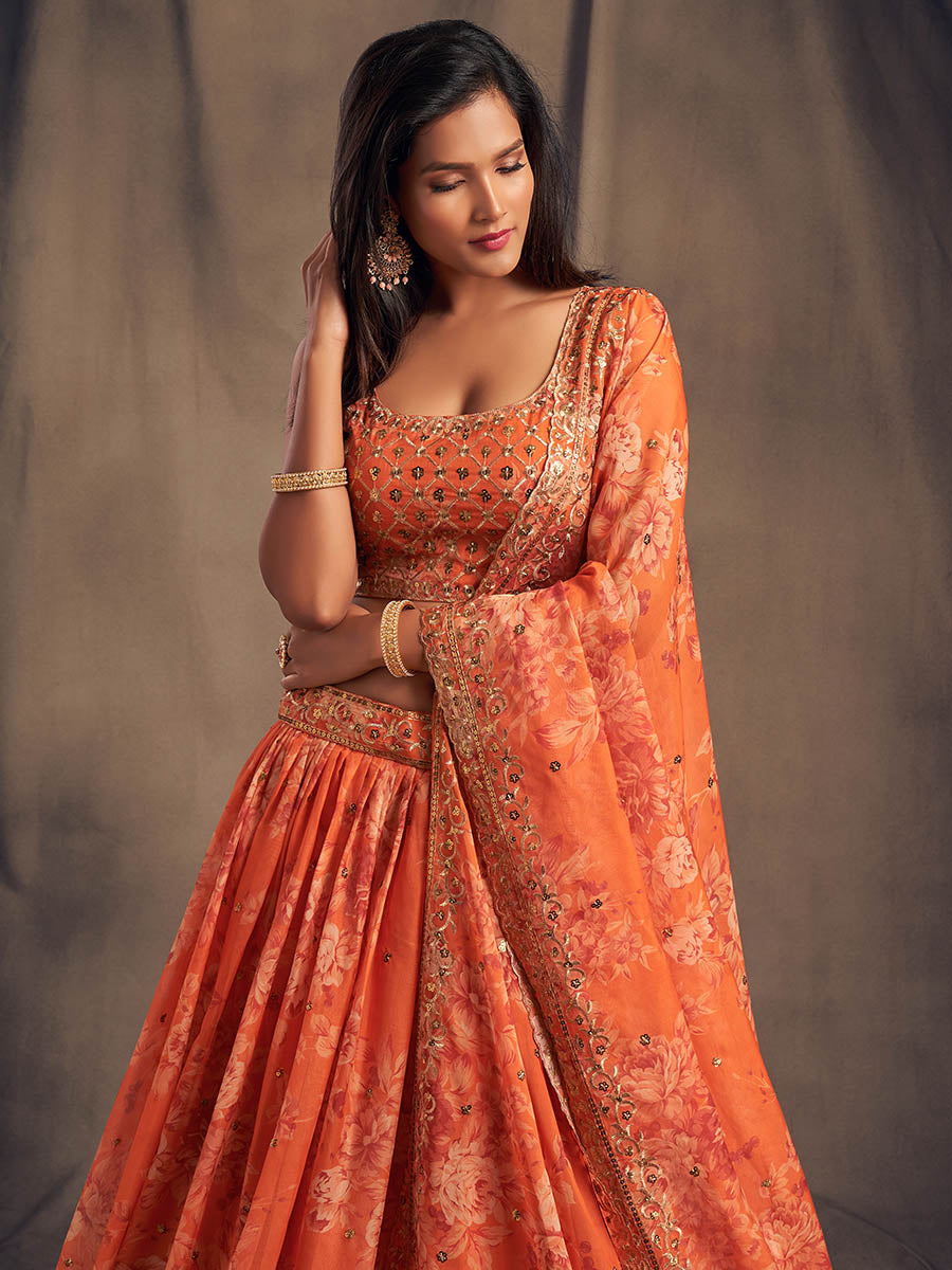 Myra Orange Organza Silk Embroidered Lehenga
