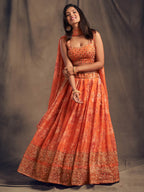 Myra Orange Organza Silk Embroidered Lehenga