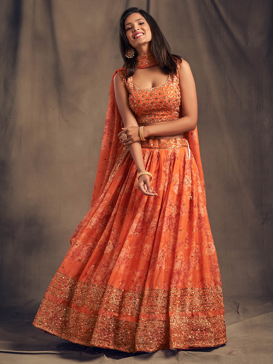 Myra Orange Organza Silk Embroidered Lehenga
