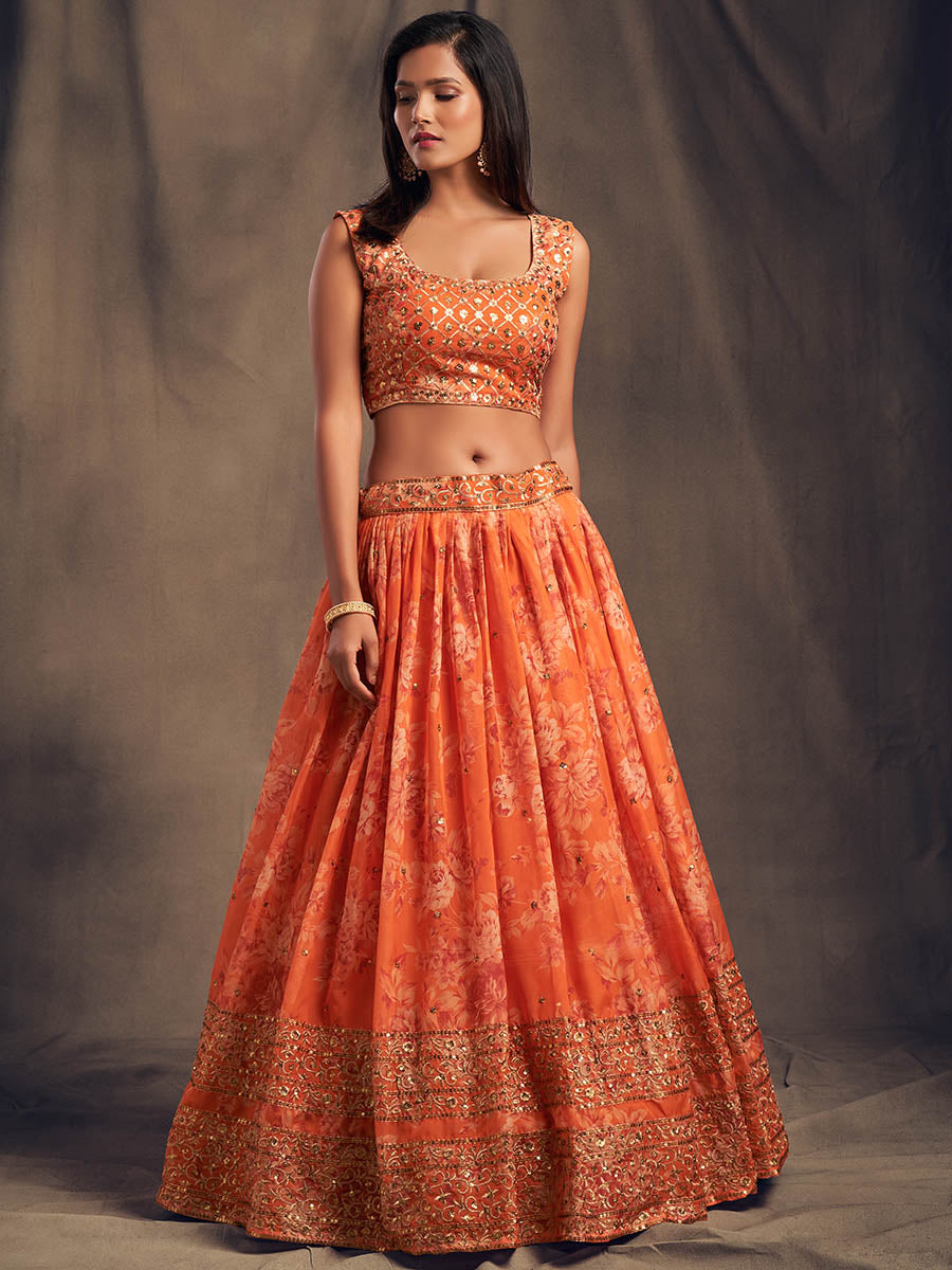 Myra Orange Organza Silk Embroidered Lehenga