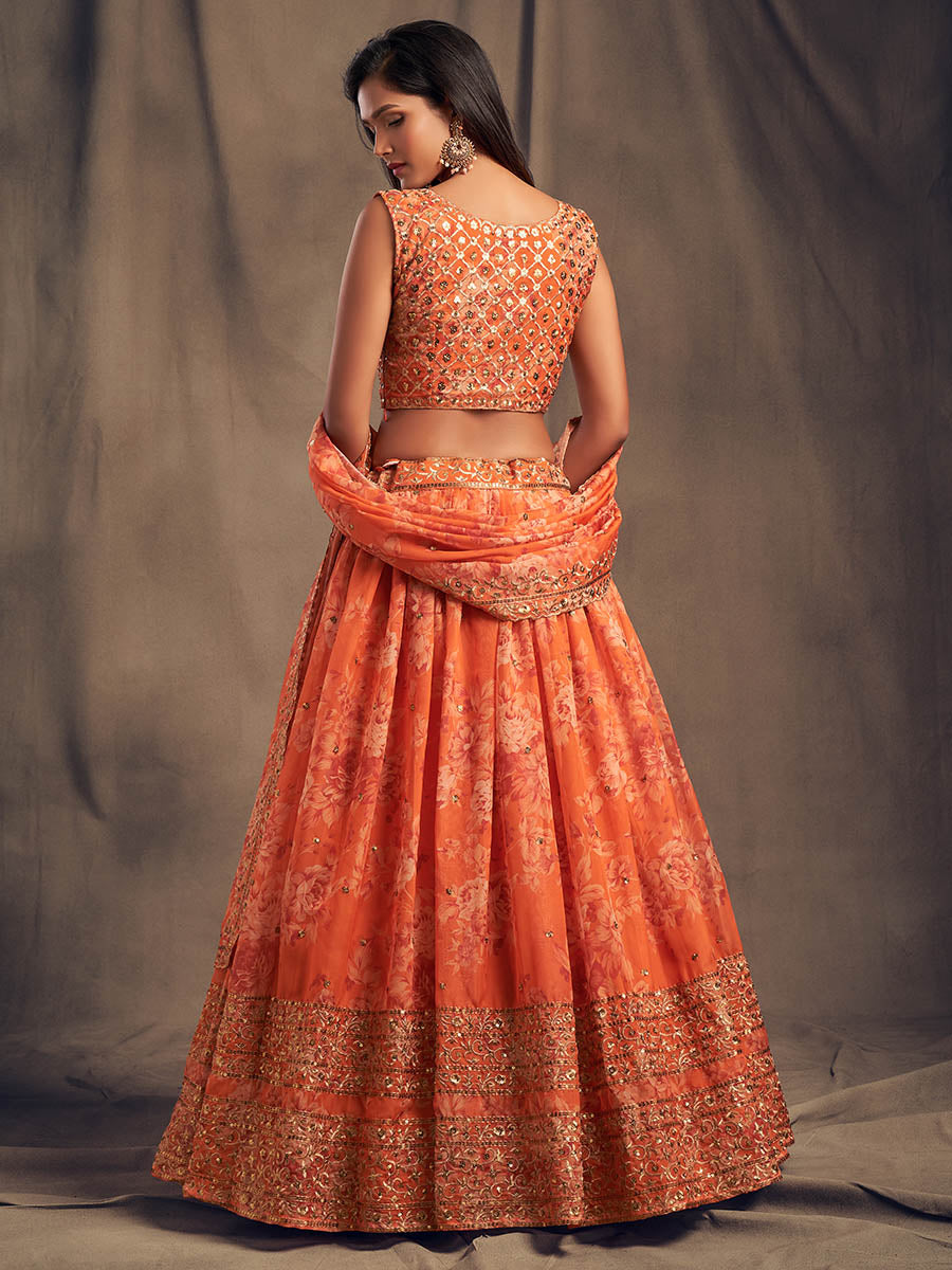 Myra Orange Organza Silk Embroidered Lehenga