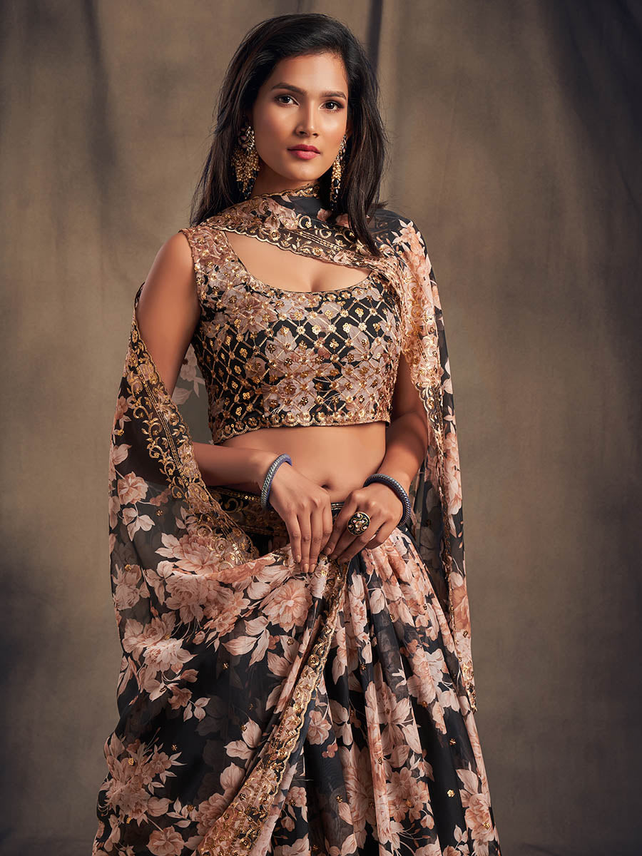 Myra Black Organza Silk Embroidered Lehenga