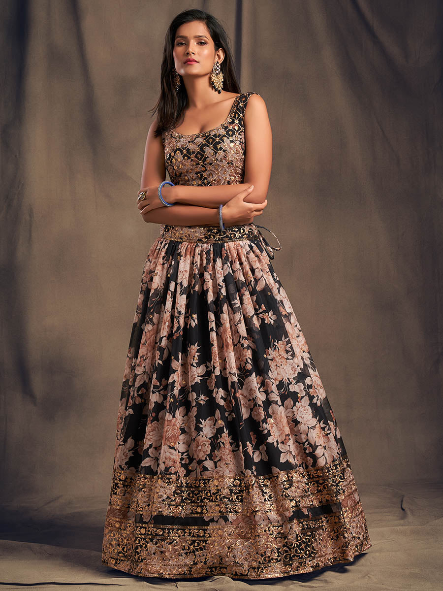 Myra Black Organza Silk Embroidered Lehenga
