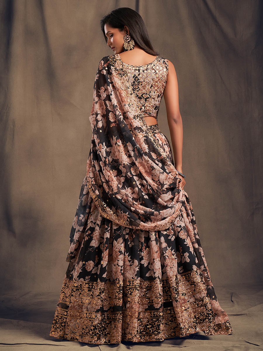 Myra Black Organza Silk Embroidered Lehenga
