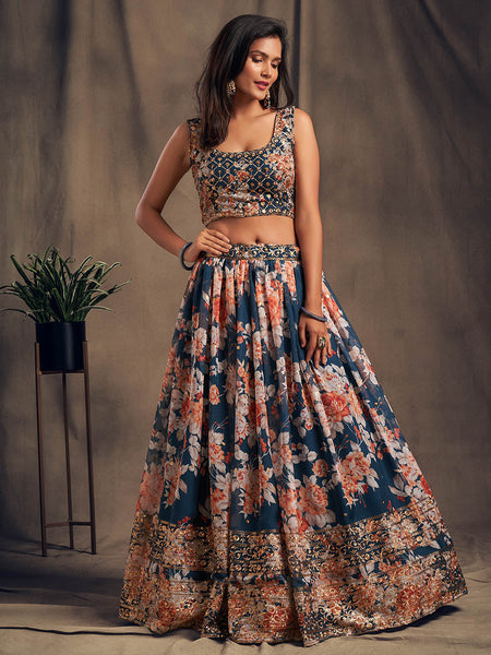Myra Dove Blue Organza Silk Embroidered Lehenga
