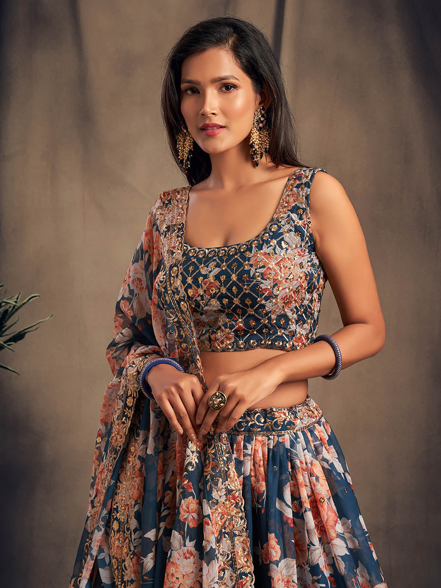 Myra Dove Blue Organza Silk Embroidered Lehenga