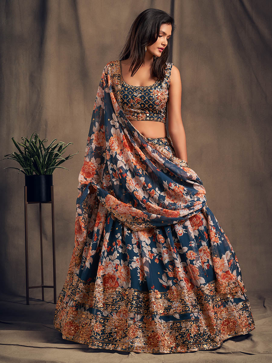 Myra Dove Blue Organza Silk Embroidered Lehenga