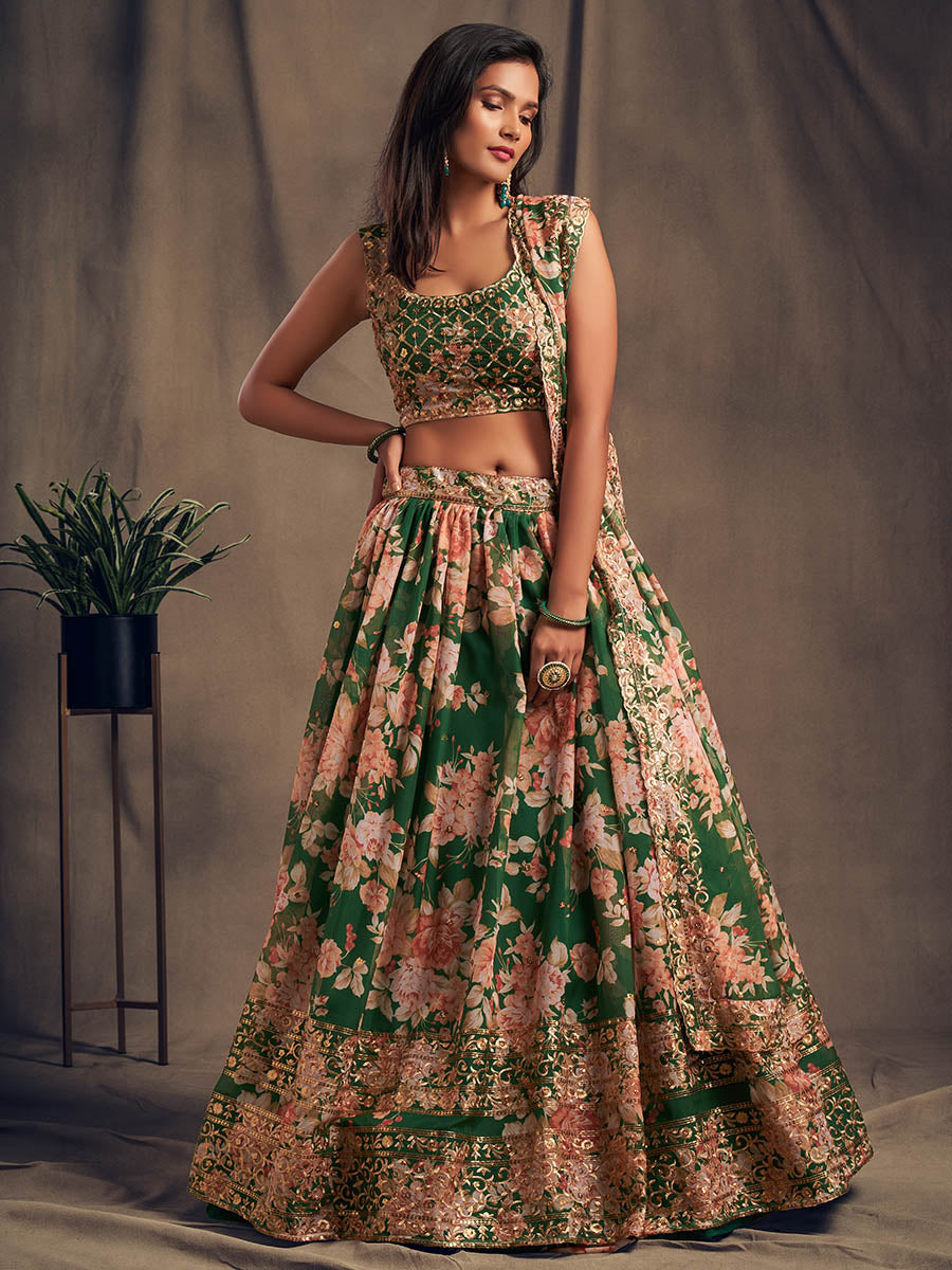 Myra Green Organza Silk Embroidered Lehenga