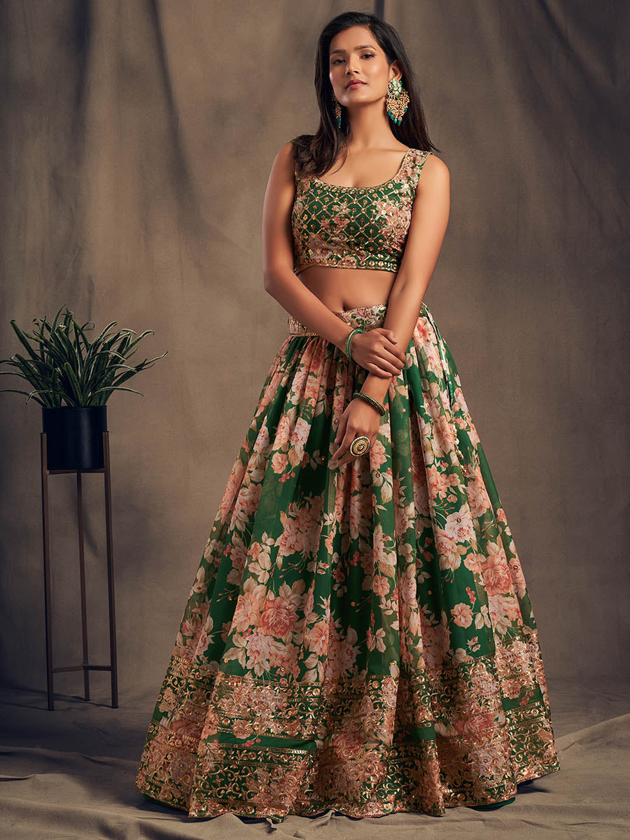 Myra Green Organza Silk Embroidered Lehenga