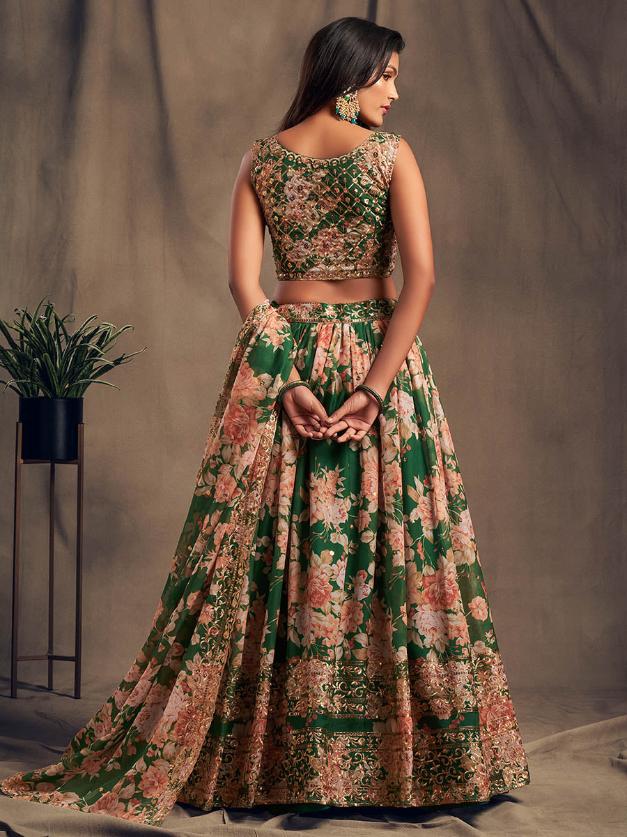 Myra Green Organza Silk Embroidered Lehenga