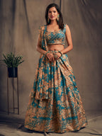 Myra Teal Blue Organza Silk Embroidered Lehenga