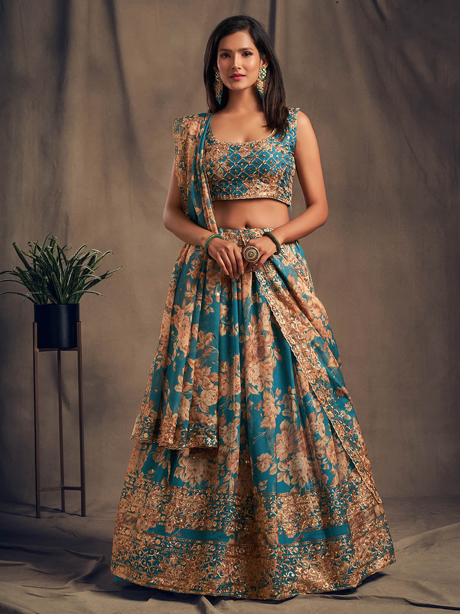 Myra Teal Blue Organza Silk Embroidered Lehenga