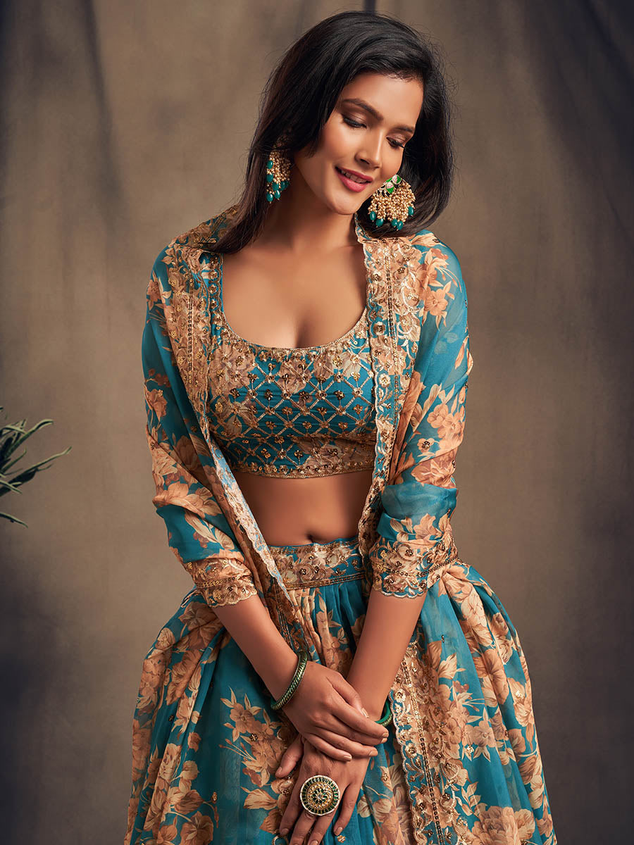 Myra Teal Blue Organza Silk Embroidered Lehenga