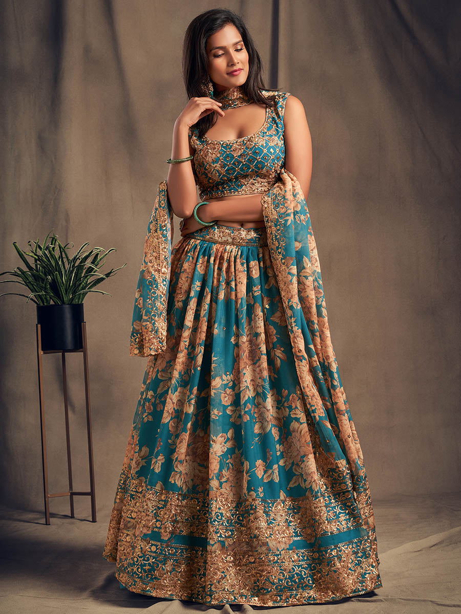 Myra Teal Blue Organza Silk Embroidered Lehenga
