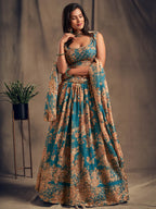 Myra Teal Blue Organza Silk Embroidered Lehenga