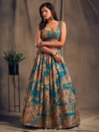 Myra Teal Blue Organza Silk Embroidered Lehenga