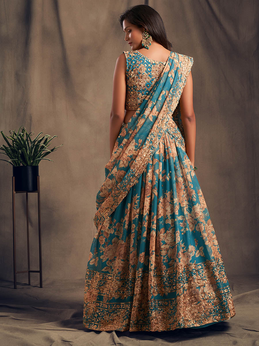 Myra Teal Blue Organza Silk Embroidered Lehenga