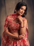 Myra Red Organza Silk Embroidered Lehenga