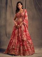 Myra Red Organza Silk Embroidered Lehenga