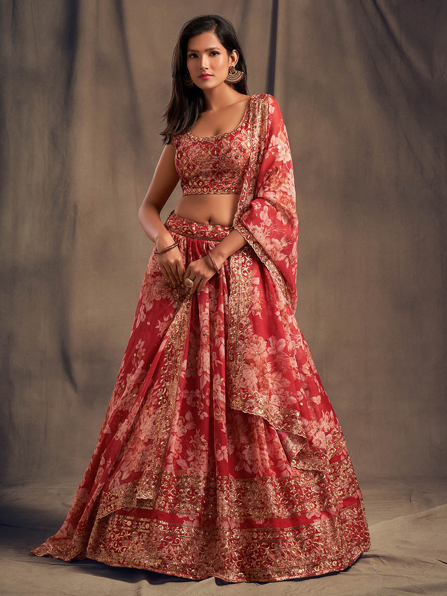 Myra Red Organza Silk Embroidered Lehenga