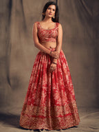 Myra Red Organza Silk Embroidered Lehenga