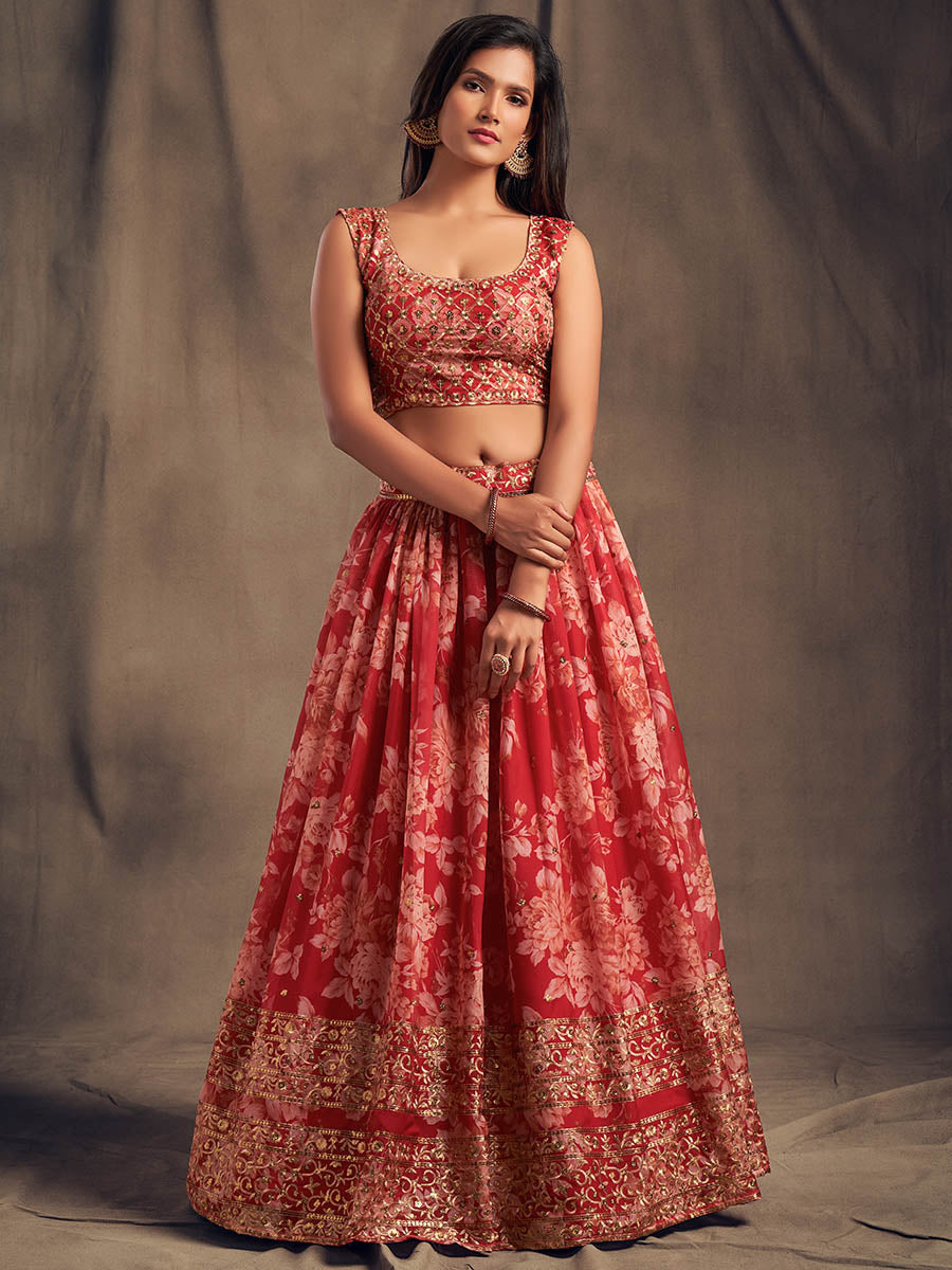 Myra Red Organza Silk Embroidered Lehenga